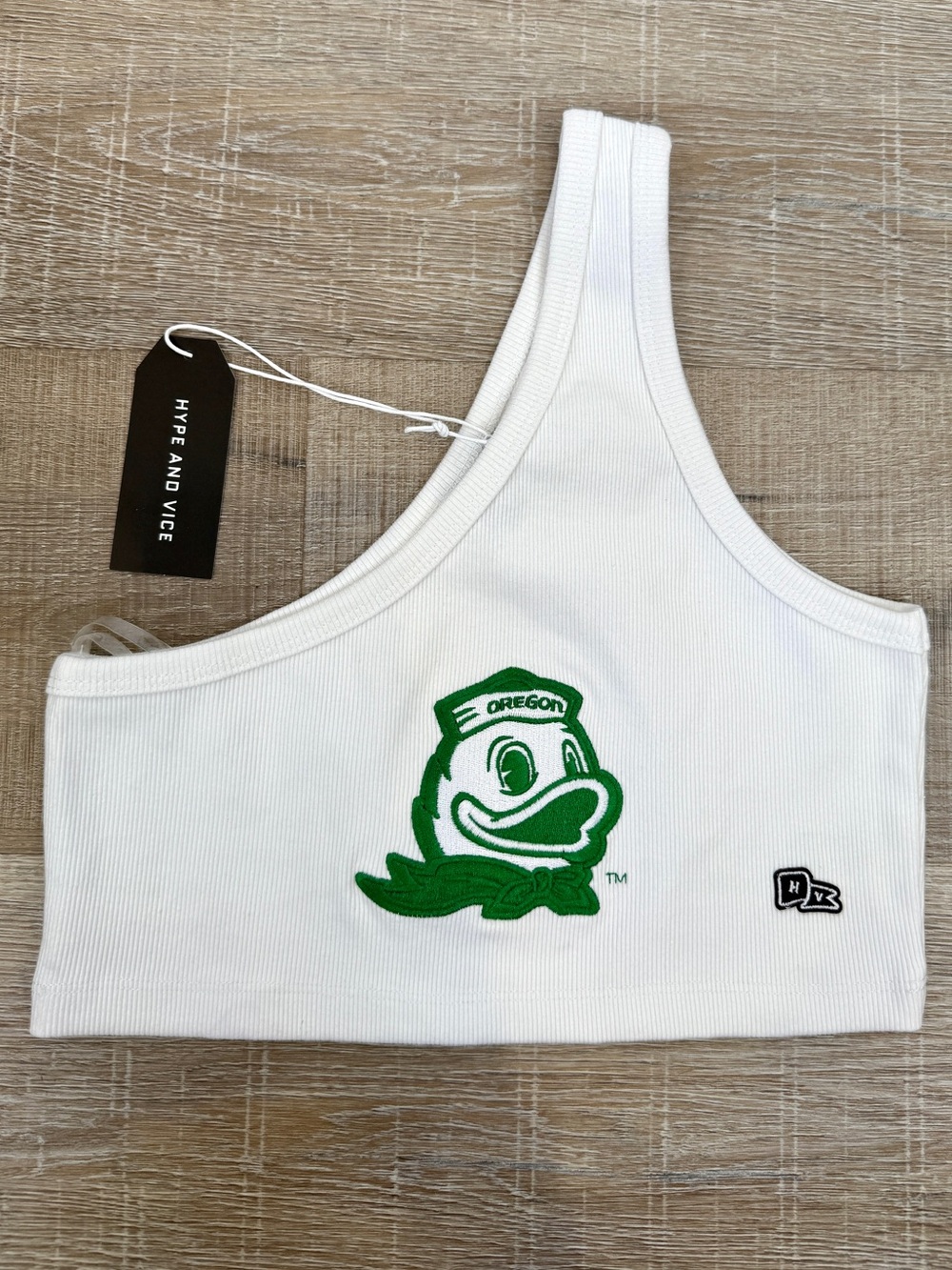 Hype and Vice XS Oregon Ducks White Ribbed One Shoulder Crop Top NWT